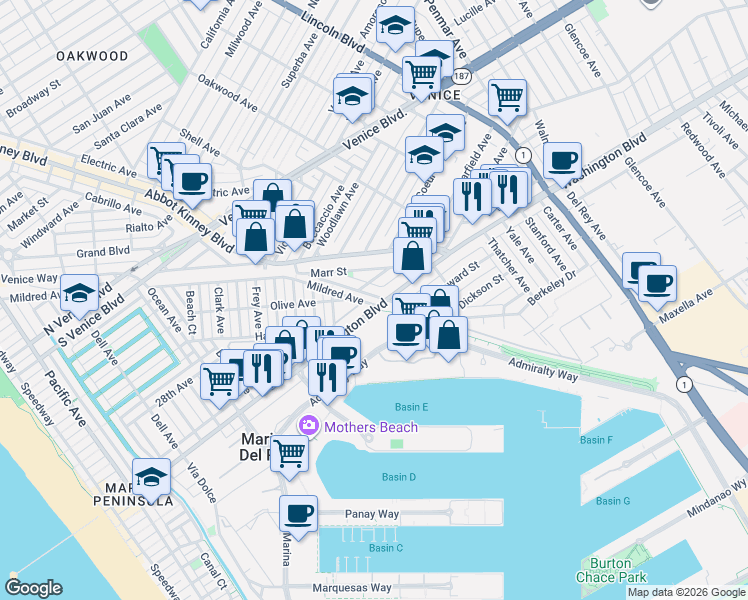 map of restaurants, bars, coffee shops, grocery stores, and more near 701 West Washington Boulevard in Los Angeles