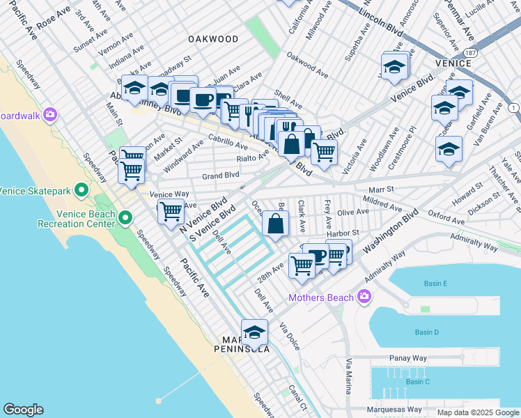 map of restaurants, bars, coffee shops, grocery stores, and more near 2309 Beach Avenue in Los Angeles