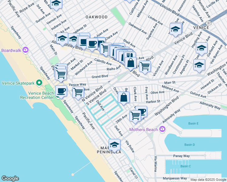 map of restaurants, bars, coffee shops, grocery stores, and more near 2201 Eastern Court in Los Angeles