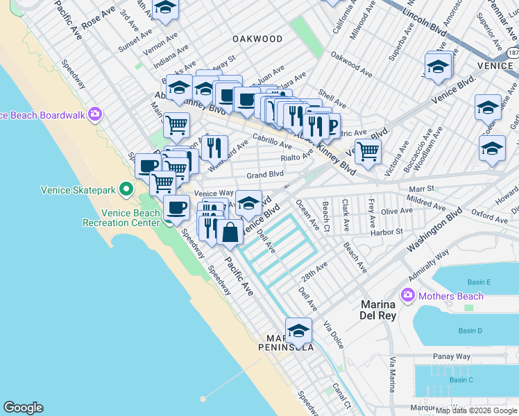 map of restaurants, bars, coffee shops, grocery stores, and more near 501 North Venice Boulevard in Los Angeles