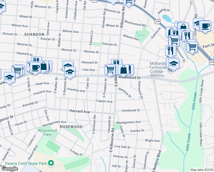 map of restaurants, bars, coffee shops, grocery stores, and more near 3715 Moss Avenue in Columbia