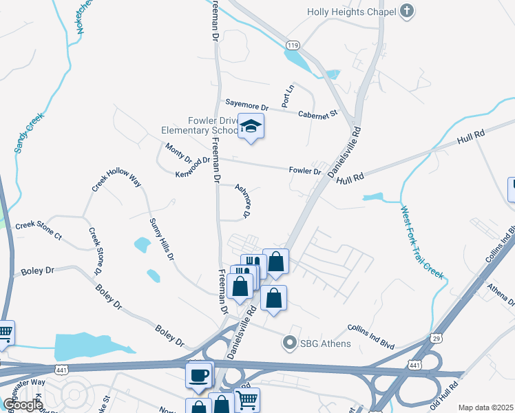 map of restaurants, bars, coffee shops, grocery stores, and more near 124 Ashmore Court in Athens