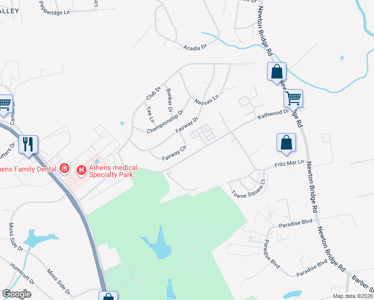 map of restaurants, bars, coffee shops, grocery stores, and more near 174 Fairway Circle in Athens