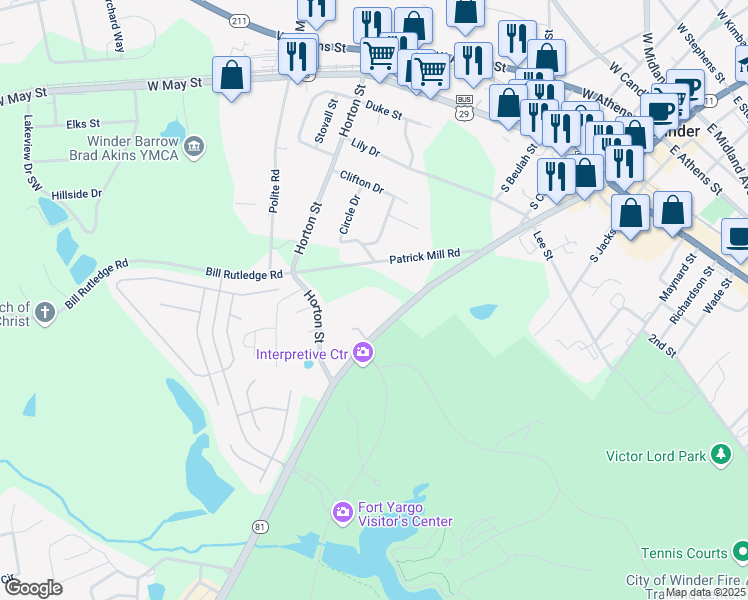 map of restaurants, bars, coffee shops, grocery stores, and more near 187 South Broad Street in Winder