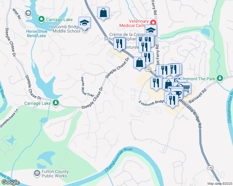 map of restaurants, bars, coffee shops, grocery stores, and more near 8475 Edwardton Drive in Roswell