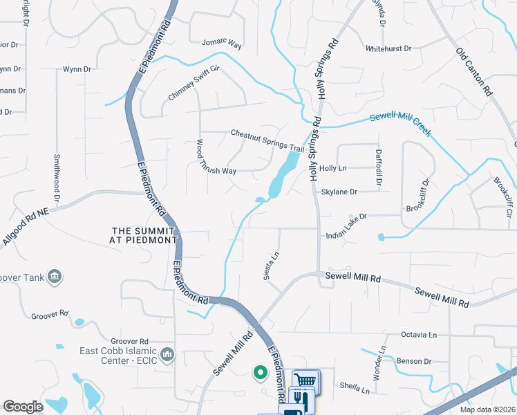 map of restaurants, bars, coffee shops, grocery stores, and more near 1511 Kinglet Lane in Marietta