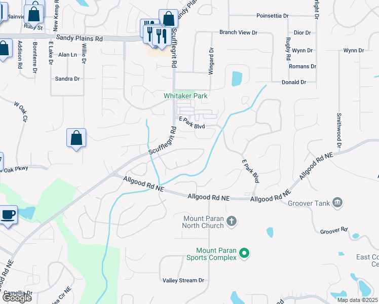 map of restaurants, bars, coffee shops, grocery stores, and more near 1496 Brentwood Drive in Marietta