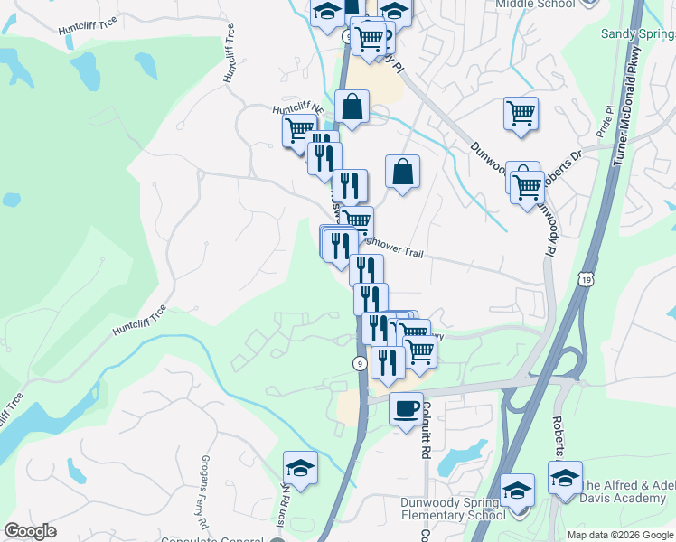 map of restaurants, bars, coffee shops, grocery stores, and more near 8540 Roswell Road in Atlanta