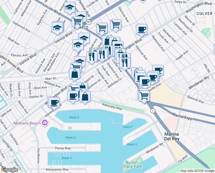 map of restaurants, bars, coffee shops, grocery stores, and more near 3125 Thatcher Avenue in Marina del Rey
