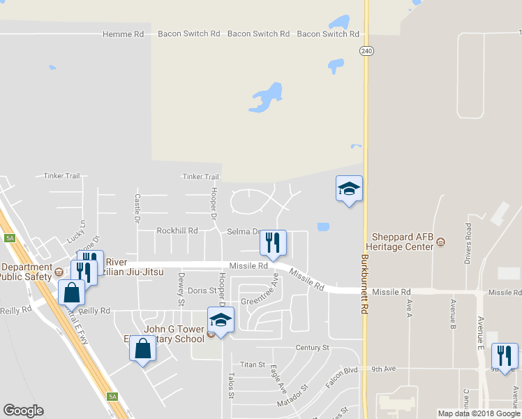 map of restaurants, bars, coffee shops, grocery stores, and more near 2364 Hunters Glen in Wichita Falls