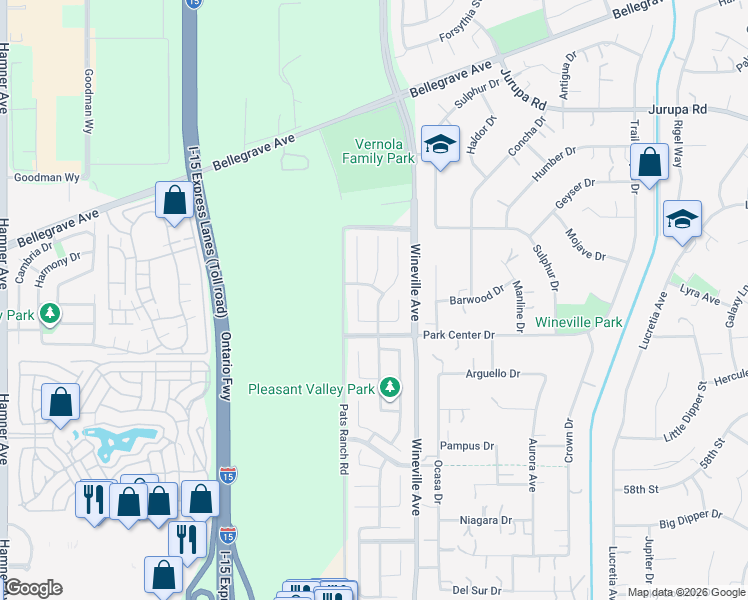 map of restaurants, bars, coffee shops, grocery stores, and more near 5410 Tree Sparrow Court in Jurupa Valley
