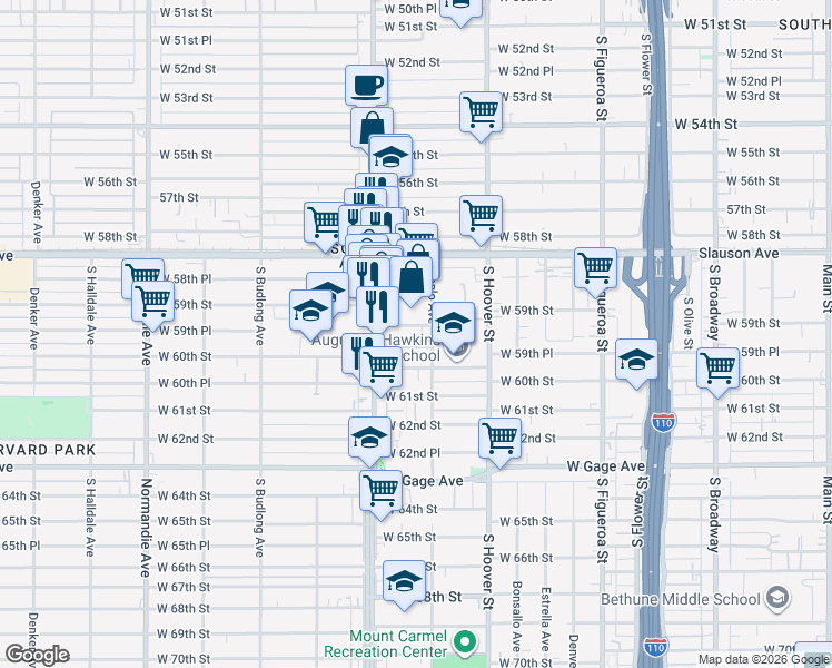 map of restaurants, bars, coffee shops, grocery stores, and more near 5850 South Vermont Avenue in Los Angeles