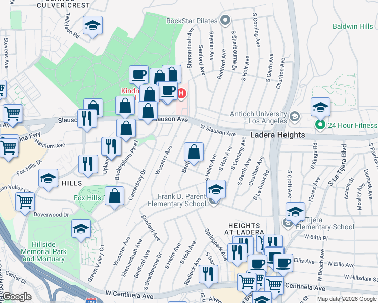 map of restaurants, bars, coffee shops, grocery stores, and more near 5925 Shenandoah Avenue in Los Angeles