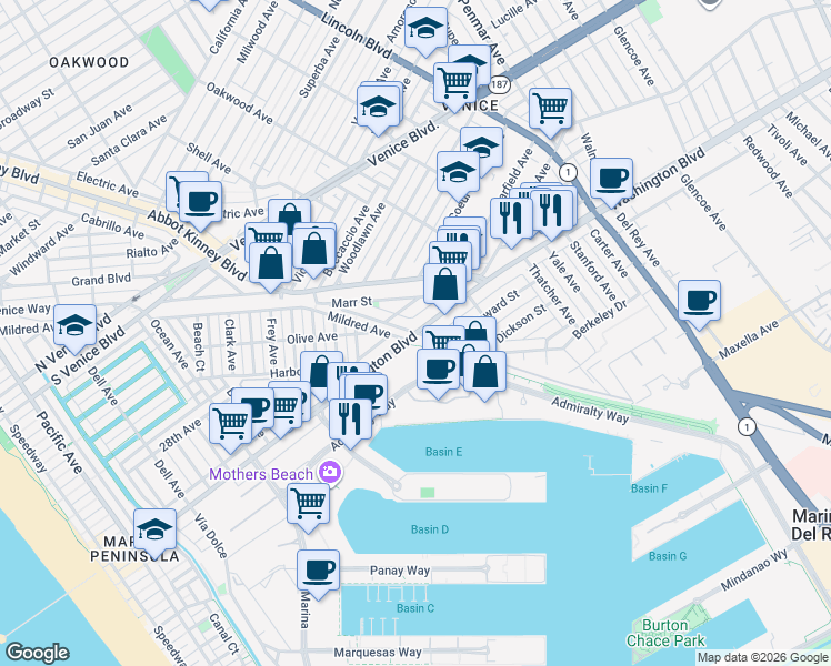 map of restaurants, bars, coffee shops, grocery stores, and more near in Los Angeles