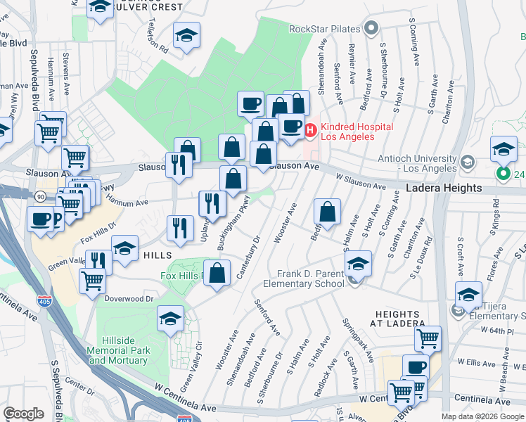 map of restaurants, bars, coffee shops, grocery stores, and more near 5660 Cambridge Way in Culver City