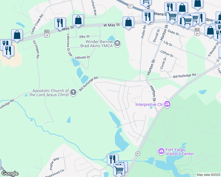 map of restaurants, bars, coffee shops, grocery stores, and more near 2038 Massey Lane in Winder
