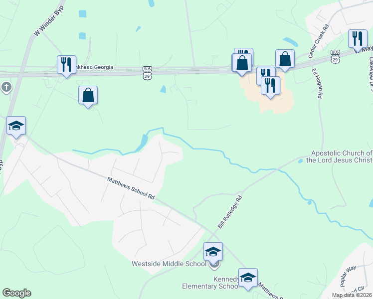 map of restaurants, bars, coffee shops, grocery stores, and more near 312 Devonshire Drive in Winder