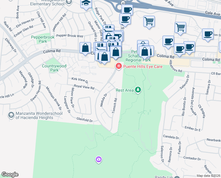 map of restaurants, bars, coffee shops, grocery stores, and more near 2015 Nadula Drive in Hacienda Heights