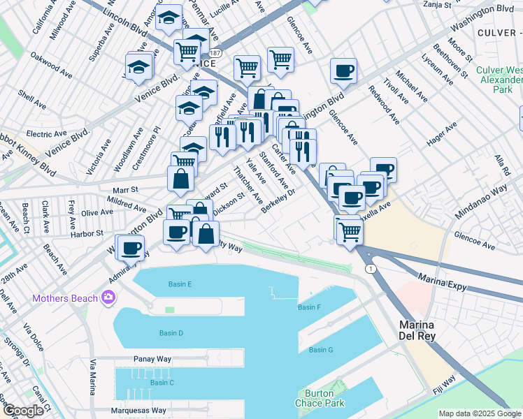 map of restaurants, bars, coffee shops, grocery stores, and more near 3159 Thatcher Avenue in Los Angeles