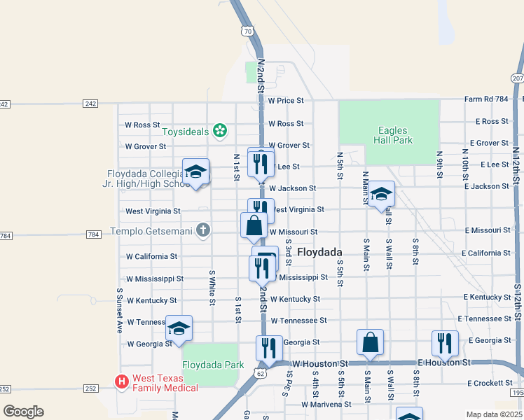 map of restaurants, bars, coffee shops, grocery stores, and more near 201 North 2nd Street in Floydada