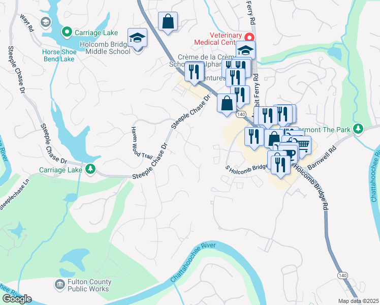 map of restaurants, bars, coffee shops, grocery stores, and more near 8475 Edwardton Drive in Roswell