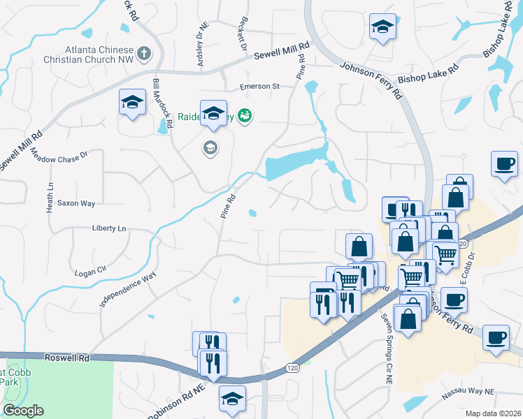 map of restaurants, bars, coffee shops, grocery stores, and more near 1556 Pine Road in Marietta
