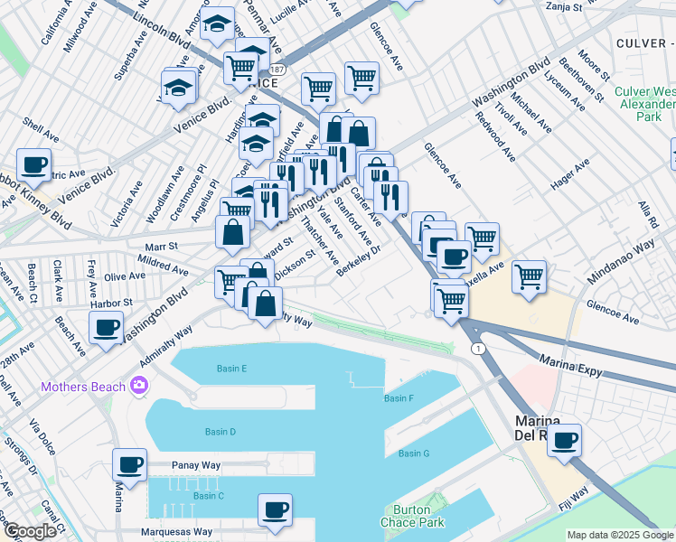 map of restaurants, bars, coffee shops, grocery stores, and more near 3159 Thatcher Avenue in Los Angeles