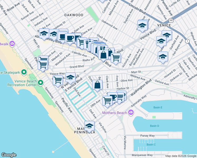 map of restaurants, bars, coffee shops, grocery stores, and more near 2340 Beach Avenue in Los Angeles