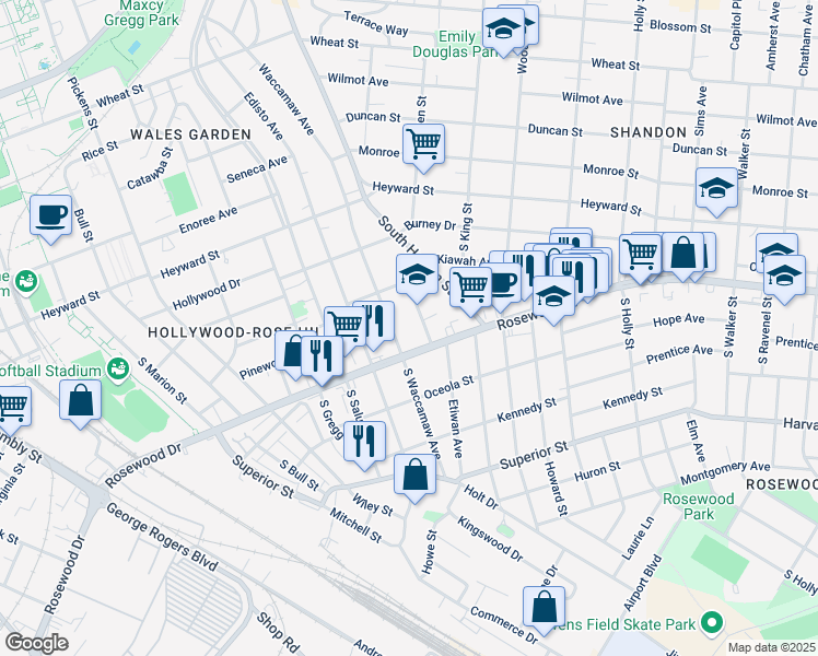 map of restaurants, bars, coffee shops, grocery stores, and more near 320 South Waccamaw Avenue in Columbia