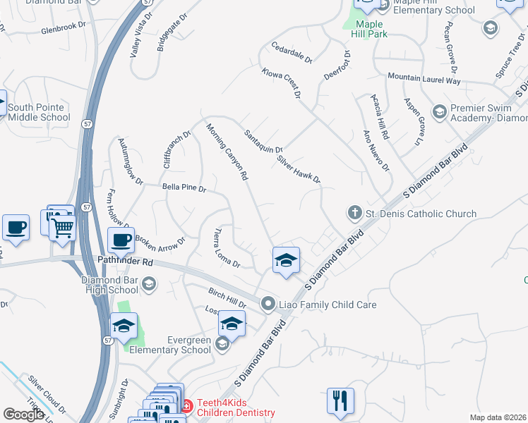 map of restaurants, bars, coffee shops, grocery stores, and more near 1866 Morning Canyon Road in Diamond Bar