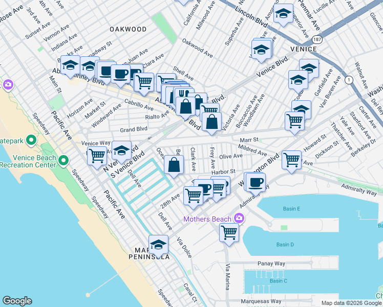 map of restaurants, bars, coffee shops, grocery stores, and more near 2318 McKinley Avenue in Los Angeles