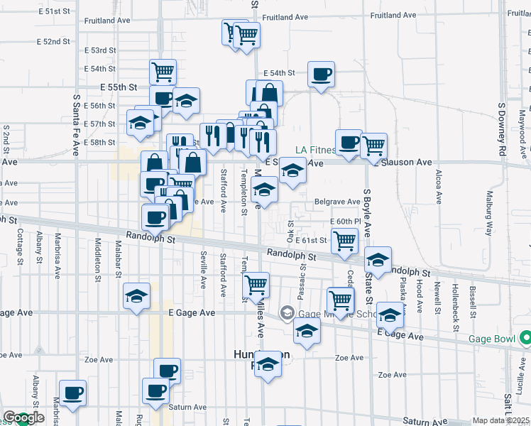 map of restaurants, bars, coffee shops, grocery stores, and more near 6020 Miles Avenue in Huntington Park