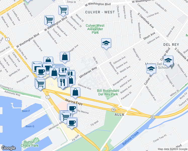 map of restaurants, bars, coffee shops, grocery stores, and more near 13044 Mindanao Way in Marina del Rey