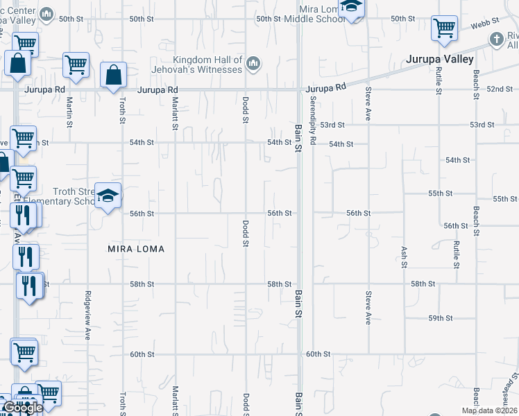 map of restaurants, bars, coffee shops, grocery stores, and more near 5574 Dodd Street in Jurupa Valley