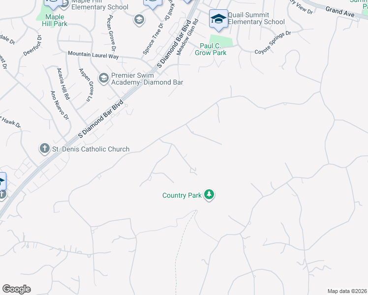 map of restaurants, bars, coffee shops, grocery stores, and more near 2112 Rocky View Road in Diamond Bar