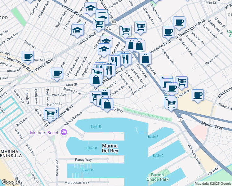 map of restaurants, bars, coffee shops, grocery stores, and more near 910 Dickson Street in Marina del Rey