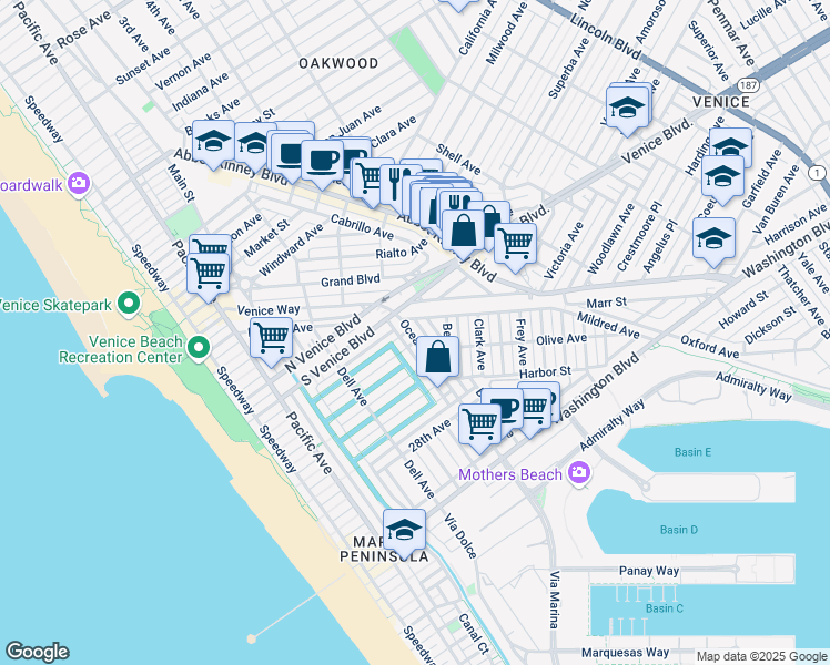map of restaurants, bars, coffee shops, grocery stores, and more near 2309 Beach Avenue in Los Angeles