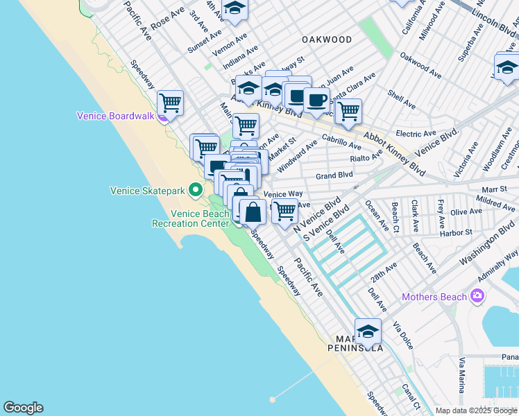 map of restaurants, bars, coffee shops, grocery stores, and more near 100 Venice Way in Los Angeles
