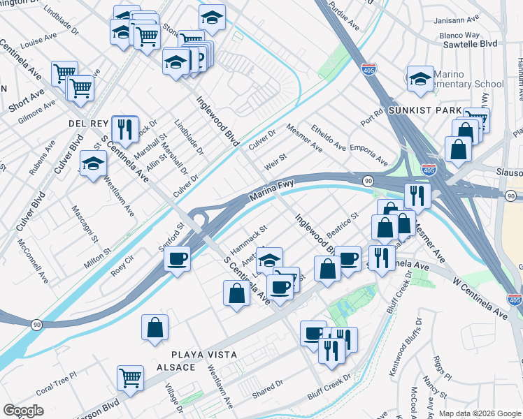 map of restaurants, bars, coffee shops, grocery stores, and more near 12035 Alberta Drive in Culver City
