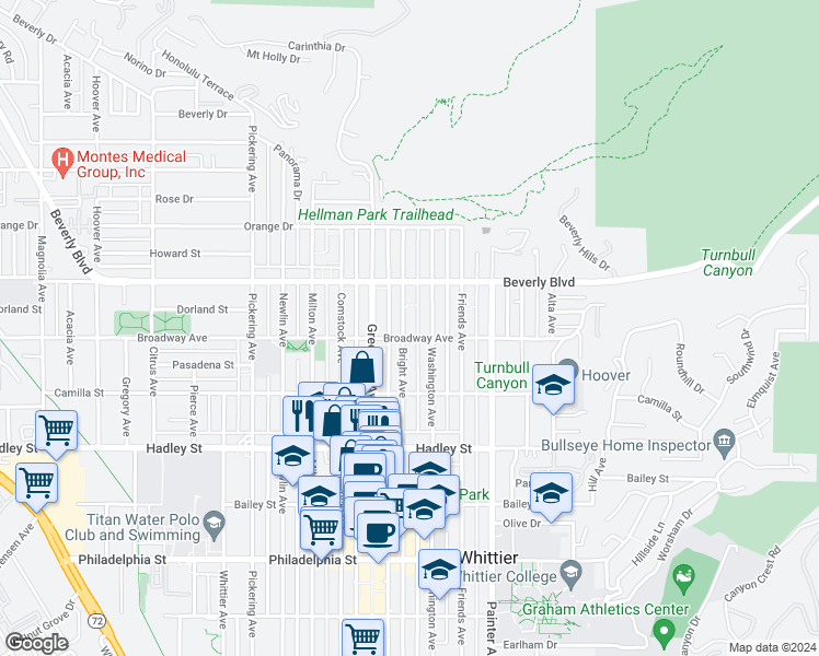 map of restaurants, bars, coffee shops, grocery stores, and more near 6050 Bright Avenue in Whittier