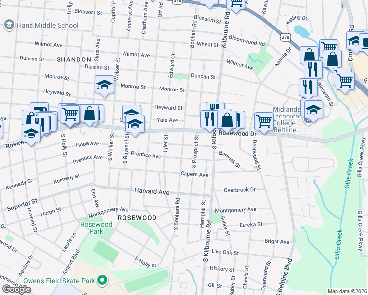 map of restaurants, bars, coffee shops, grocery stores, and more near 300 South Bonham Road in Columbia