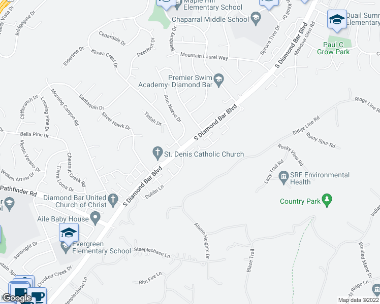 map of restaurants, bars, coffee shops, grocery stores, and more near 2119 Dublin Lane in Diamond Bar