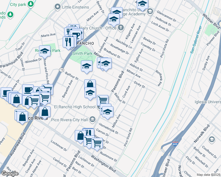 map of restaurants, bars, coffee shops, grocery stores, and more near 6210 Lemoran Avenue in Pico Rivera