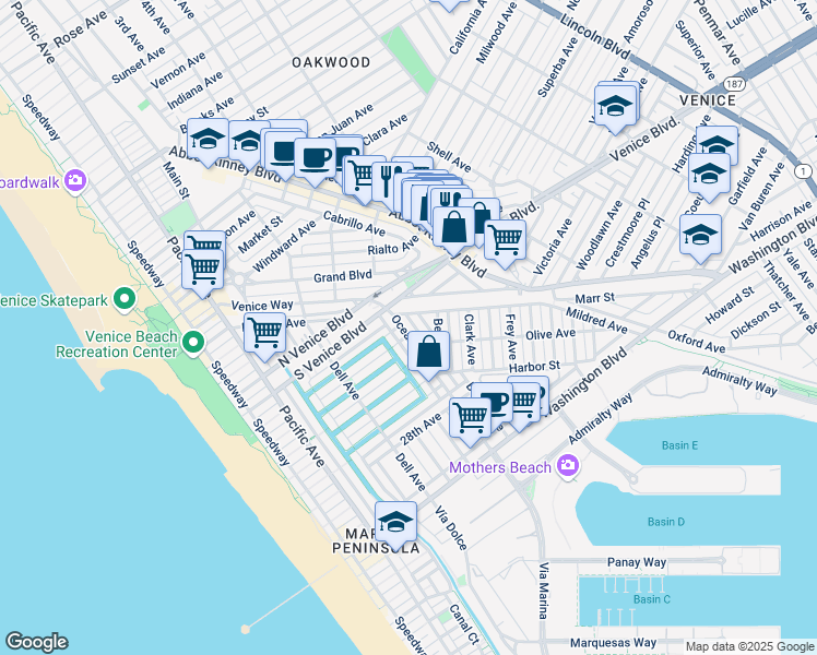 map of restaurants, bars, coffee shops, grocery stores, and more near 2322 Ocean Avenue in Los Angeles