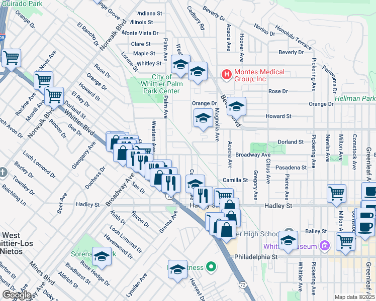 map of restaurants, bars, coffee shops, grocery stores, and more near 11619 Broadway in Whittier
