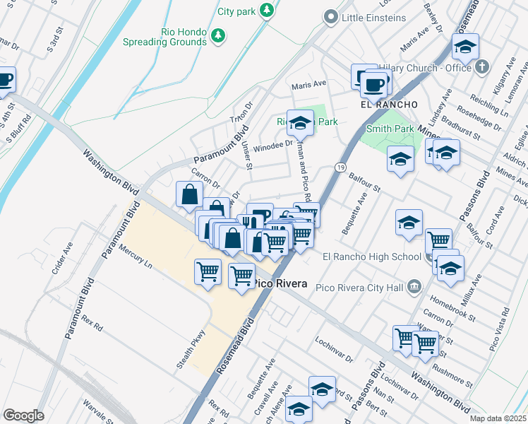map of restaurants, bars, coffee shops, grocery stores, and more near Guild Drive in Pico Rivera