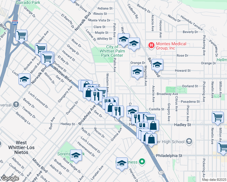 map of restaurants, bars, coffee shops, grocery stores, and more near 6044 Palm Avenue in Whittier