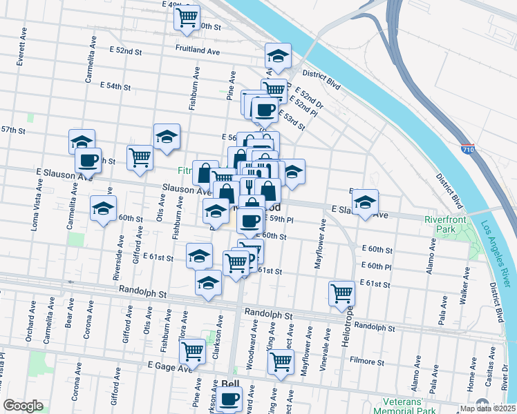 map of restaurants, bars, coffee shops, grocery stores, and more near in Maywood