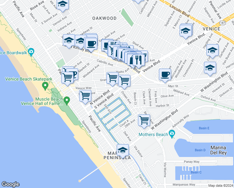 map of restaurants, bars, coffee shops, grocery stores, and more near 466 South Venice Boulevard in Los Angeles