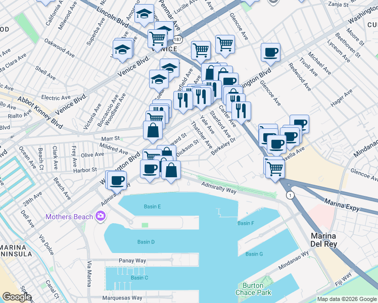 map of restaurants, bars, coffee shops, grocery stores, and more near 910 Dickson Street in Marina del Rey
